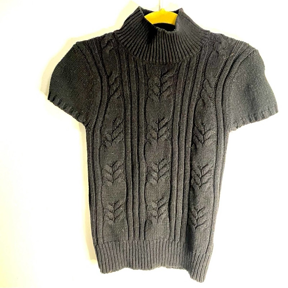 Old Navy Mock Neck Short Sleeved Cable Knit Lambswool Sweater Black Womens Small - Picture 1 of 6
